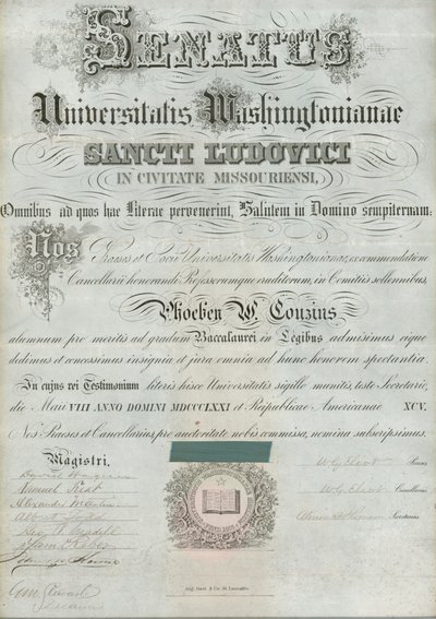 Washington University Diploma of Phoebe Couzins, May 8, 1871 by William Greenleaf Eliot